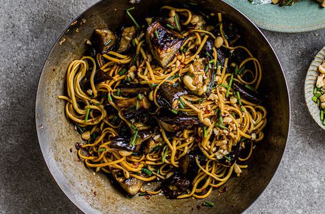 Spicy Aubergine & Peanut Noodles Recipe | Waitrose & Partners Peanut Noodles Recipe, Peanut Noodles, Noodles Recipe, Dinner For Two, Noodle Recipes, Rice Noodles, Veggie Dishes, Tasty Recipes, Everyday Food