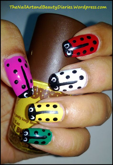 Colorful Lady Bug Nail Art Ladybug Acrylic Nails, Nails With Ladybug, Lady Bird Nail Art, 3d Ladybug Nail Art, Ladybug Nail Art, Lady Bug Toenail, Ladybug Nails, Nails For Kids, Cute Nail Art