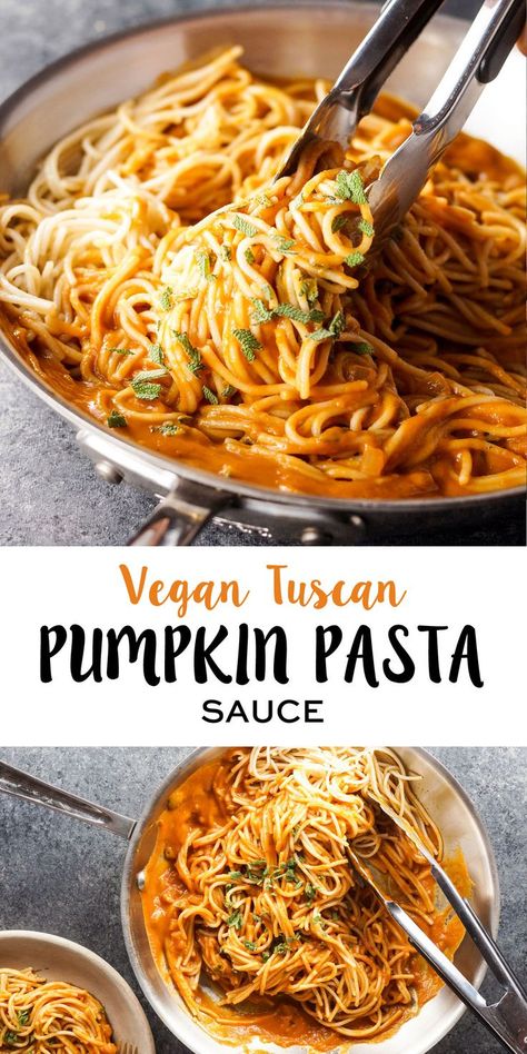 This Vegan Tuscan Pumpkin Pasta is Fall comfort food at its best. The dairy-free sauce takes just minutes to prepare, and it's perfect over your favorite gluten-free pasta or spiralized veggies for a healthy meal! Vegan Pumpkin Pasta, Dairy Free Sauces, Pumpkin Pasta Sauce, Dairy Free Pasta, Fall Vegan Recipes, Pumpkin Sauce, Vegan Fish, Pumpkin Pasta, Fall Comfort Food