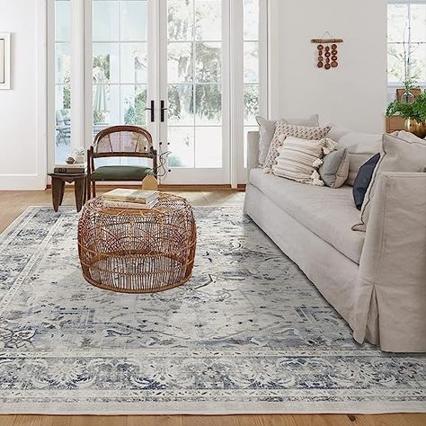 Our vintage-inspired Sarrah Blue Quartz Washable Area Rug features a beguiling medallion motif and a decorated border in subtle shades of slate and sapphire blue; it’s purposefully distressed for a rustic look that fits any room. Our Classic Rug Cover is stain & water resistant, and designed to fit in home washing machines; entire rug system is 0.6 inches thick with our Cushioned rug pad. *affiliate link Washable Rugs 9x12, Ruggable Sarrah Blue Quartz Rug, Sarah Blue Quartz Ruggable, Best Ruggable Rugs Living Room, Ruggable Rug Living Room, Elegant Room Decor, Rugs Making, Elegant Room, Dining Room Remodel