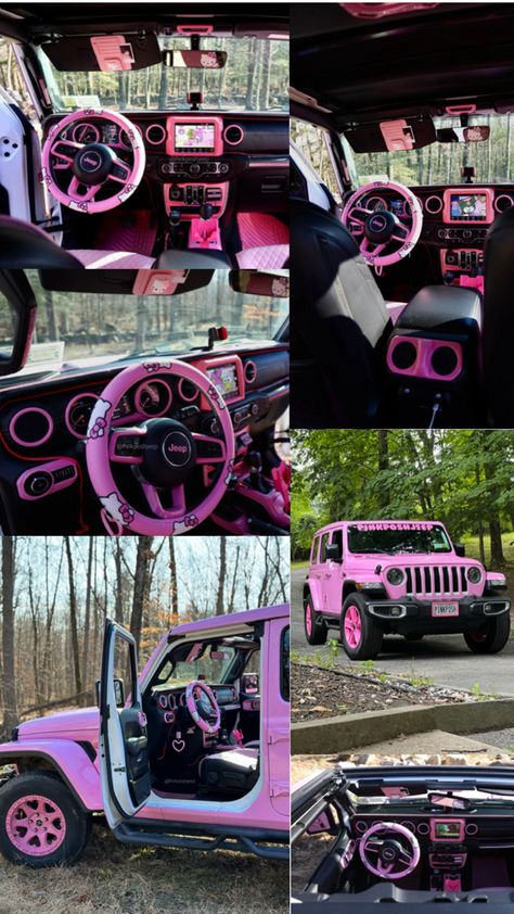 Pink Jeep Jeep Wrangler Girly, Pink Jeep Wrangler, White Jeep Wrangler, Hello Kitty Theme, Kitty Theme, Jeep Interiors, Pink Car Accessories, Barbie Car, Pink Jeep