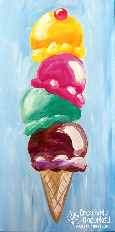 Ice Cream Cone Drawing, Ice Cream Painting, Cupcake Painting, Kids Canvas Painting, Kids Canvas Art, Easy Canvas, Kids Canvas, Summer Painting, Easy Canvas Painting