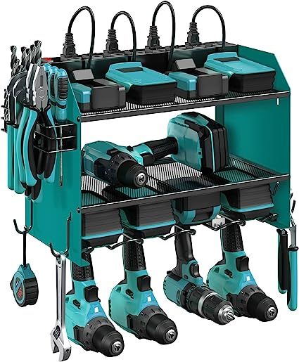 Blue Garage 4 Drill Storage Shelf with Hooks, Screwdriver, Drill Bit Heavy Duty Rack, Tool Battery Holder Built in 8 Outlet Power Strip. Drill Storage, Power Tool Organizer, Charger Organizer, Shelf With Hooks, Tool Box Storage, Modular Walls, Battery Holder, Garage Tools, Metal Tools