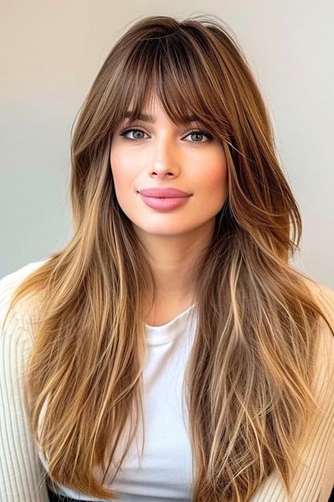 32 Gorgeous and Easy Long Hairstyles For Women - The Hairstyle Edit Feathered Long Hairstyles, Face Framing Bangs Straight Hair, Long Feathered Hairstyles, Waterfall Bangs, Bangs With Layers Face Framing, Feathered Haircut, Brown Bangs, Long Fringe Hairstyles, Feathered Bangs