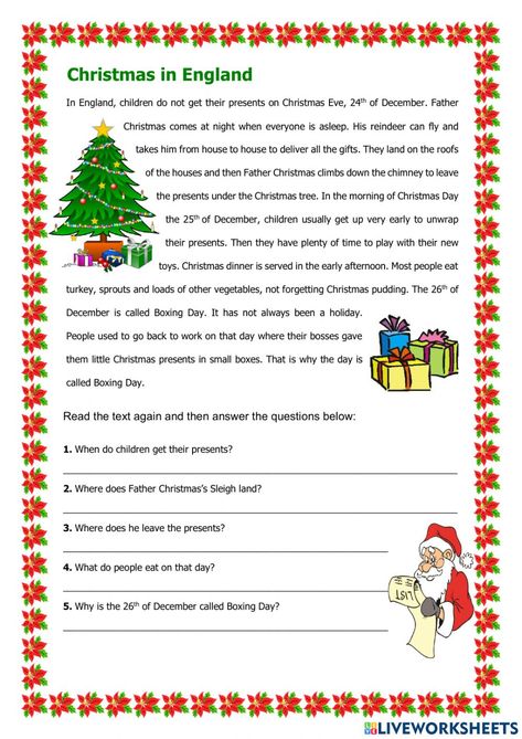 Holiday Reading Comprehension, Christmas Reading Activities, Syllable Rules, Christmas Reading Comprehension, Free Reading Comprehension Worksheets, Christmas In England, Holiday Worksheets, Christmas Lesson, English Christmas