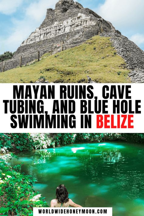 The ultimate Belize day trip | Things to do in Belize Travel | Xunantunich Belize | Xunantunich Mayan Ruins | Belize Caves | Belize Cave Tubing | Cave Tubing in Belize | St Hermans Blue Hole | Blue Hole Swimming | Cenotes Belize Belize Mayan Ruins, Belize Cave Tubing, Belizean Art, Xunantunich Belize, Cave Tubing Belize, Belize Trip, Things To Do In Belize, Travel Belize, Placencia Belize