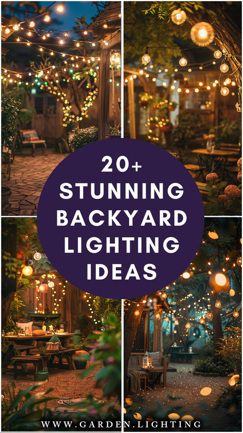 a close up of a bunch of lights in a yard Outdoor Lights Backyard, Outdoor Bar Lights, Garden Light Decoration, Lights In The Garden Ideas, Outdoor Tent Lighting Ideas, Garden Ideas Lights, Lights Strung In Backyard, Fairy Lights Patio Outdoor Spaces, Fun Outdoor Lighting