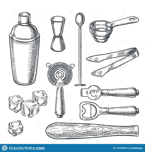 Illustration about Cocktail bar tools and equipment sketch illustration. Hand drawn icons and design elements for bartender work. Illustration of hand, food, bartender - 131653993 Cocktails Drawing, Tattoo Bar, Cocktail Tools, Tool Tattoo, Drawn Icons, Cupcake Drawing, Cocktail Illustration, Hand Drawn Icons, Cocktail Book