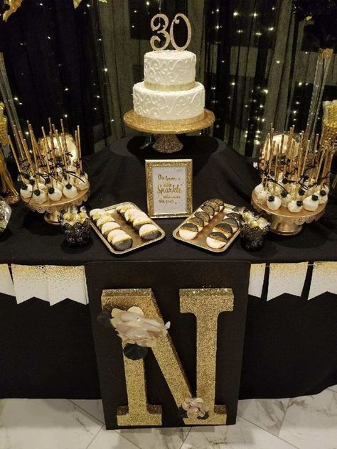 30th Gold and Black themed 30th Birthday Party Black White And Gold 30th Birthday Party, 75 Party Decorations, Black And Gold Party Ideas For Men, Diy 16 Birthday Decorations, 50th Birthday Party Black And Gold, Champagne And Black Party Decor, 18th Birthday Party Black And Gold, 16 Birthday Party Ideas Black And Gold, 70th Birthday Black And Gold