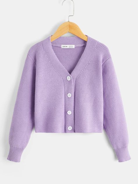 Purple Casual Collar Long Sleeve Fabric Plain Cardigan Embellished Medium Stretch  Girls Clothing Summer Knitwear, Plain Cardigan, Cardigan Purple, Fashion Capsule Wardrobe, Purple Cardigan, Girls Cardigan, Fashion Capsule, Light Summer, School Outfit