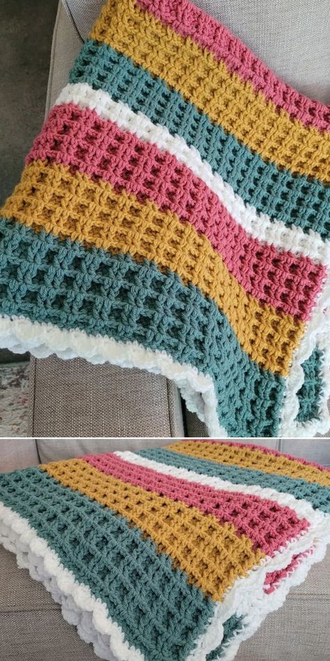 Baby Blanket Crochet Waffle Stitch, Boarder For Waffle Stitch Blanket, Waffle Stitch Blanket Border, Zig Zag Waffle Stitch, Waffle Pattern Crochet, Border For Waffle Stitch Blanket, Crochet Border For Waffle Stitch Blanket, Wave Stitch Crochet Blanket, Waffle Blanket Crochet