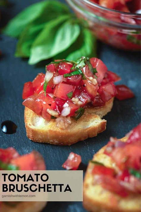 Calling all Tomato Bruschetta Lovers! Summer eating doesn't get any better than juicy tomatoes on toasted crostini with fresh basil and a balsamic glaze. This easy appetizer that comes together in less than 30 minutes will have everyone asking for the recipe! Tomato Bruschetta With Balsamic Glaze, Bruschetta Recipe Cherry Tomatoes, Bruschetta Recipe Balsamic, Mozerella Tomato Basil Appetizers Balsamic Vinegar, Italian Bruschetta Recipe, Roasted Cherry Tomato Bruschetta, Antipasto Platter Italian, Easy Bruschetta Recipe, Heirloom Tomato Bruschetta