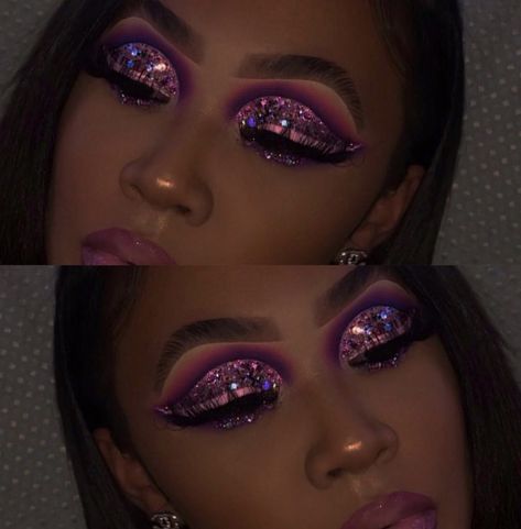 Purple Make Up Looks Black Women, Dark Purple Prom Makeup, Purple Makeup Looks For Black Women, Boujee Makeup, Purple Birthday Makeup For Black Women, Purple And Gold Makeup Looks For Black Women, Glittery Makeup Looks Black Women, Purple Glitter Makeup, Baddie Business