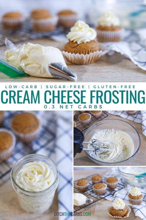 This soft and delicious keto cream cheese frosting is made with only 3 ingredients. There are six different flavors to use on any keto baking, keto cake, or keto cupcake. #lowcarbbaking #ketobaking #ketocakes #sugarfreebaking #healthydessert #sugarfreefrosting #ketofrosting Healthy Cream Cheese Icing, Cream Cheese Fristing, Keto Cream Cheese Frosting, Healthy Cream Cheese Frosting, Low Carb Cookie, Cheesecake Cupcake, Healthy Cream Cheese, Easy Keto Desserts, Low Carb Cookies Recipes