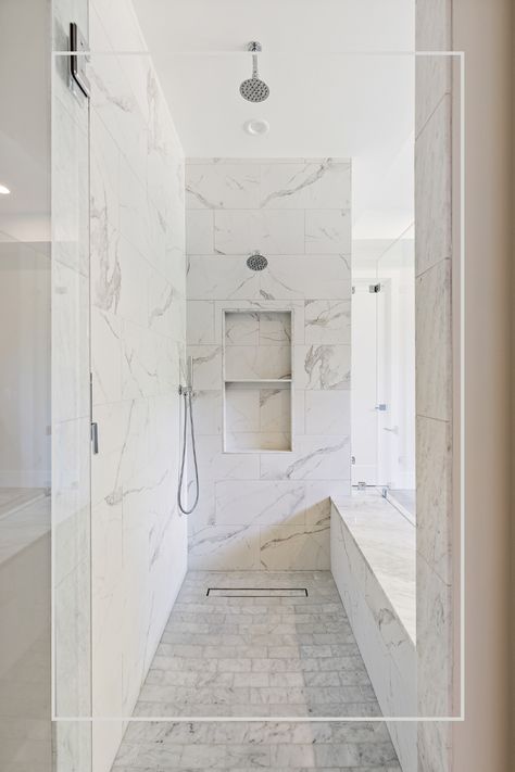 Luxury and sophistication make a perfect pair in this master bath. #customdesign #marble #open #carriechungdesign #detroitdesigner Walk In Shower With Bench, Shower Bench Ideas, Washroom Designs, Glass Shower Wall, Bathroom Seat, Walk In Shower Designs, Showroom Inspiration, Relaxing Bathroom, Marble Showers