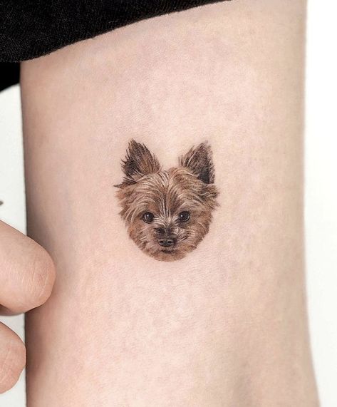 Yorkie Tattoo Ideas, Yorkie Tattoos, Yorkie Tattoo, Pet Portrait Tattoos, Small Dog Tattoos, Karma Tattoo, Floral Tattoo Shoulder, Portrait Tattoos, K Tattoo