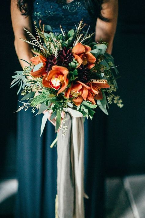 a teal bridesmaid's dress with a sparkling bodice and a green, copper and burgundy wedding bouquet Copper Wedding Theme, Copper Wedding Colors, Copper Bridesmaid Dresses, Orange Wedding Colors, Teal Bridesmaid, Teal Bridesmaid Dresses, Best Wedding Colors, Rustic Bouquet, Copper Wedding