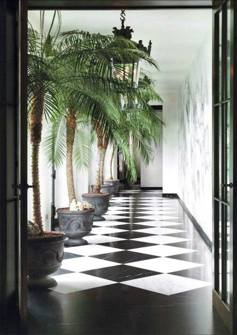 palmeras en el interior Colonial Chic, Checkered Floor, British Colonial Decor, Colonial Interior, Popular Interior Design, British Colonial Style, Tropical Home Decor, Foyer Design, Colonial Decor