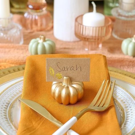 Kate Aspen Fall Decor Mini Gold Pumpkin Place Card Holder (Set of 6), Place Settings, Perfect for Thanksgiving Table Decor, Fall Themed Weddings, Bridal Brunches Functional Decorating, Thanksgiving Table Place Settings, Décoration Table Halloween, Place Settings Thanksgiving, Gold Pumpkin, Table Halloween, Table Place Settings, Place Card Holder, Gold Pumpkins