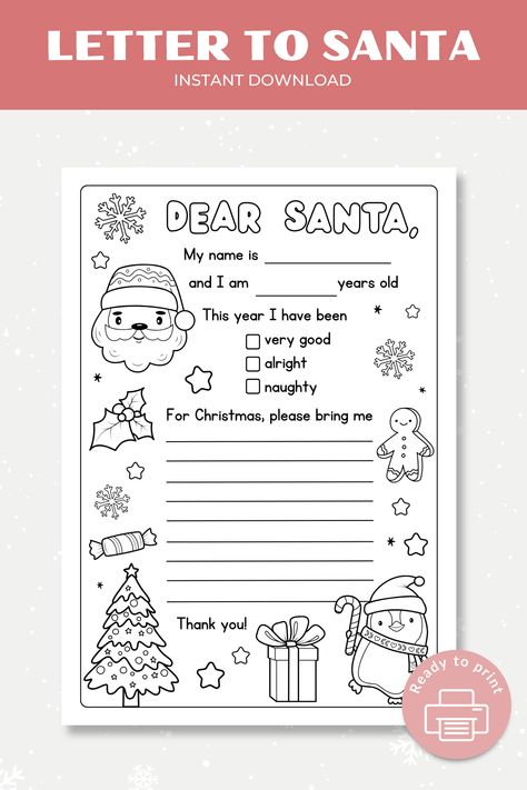 This is a fun Letter to Santa that kids and students can color in! The Santa Coloring Page features Santa, a Christmas tree, a gingerbread man, and more. Kids can easily fill in the blanks with their names and wishes before mailing it to the North Pole. Free Letters From Santa Printable, Blank Santa Letter Printable, Santa Wish List Printable, Free Printable Letters From Santa, Kids Letter To Santa Printable, Printable Letter From Santa, Santa Activity, Xmas Activities, Santa Coloring