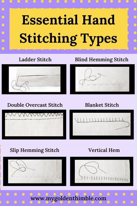 When it comes to hand sewing you have to know all the Hand Stitching Types and how and where to use each one of them. That's why I present you with this Free Guide, in which I show you each of the basic hand stitches you need to sew all your sewing and clothing projects! Types Of Hem Stitches, Types Of Seams Stitches, Types Of Stitches Sewing By Hand, Types Of Hand Sewing Stitches, How To Hand Sew, Types Of Stitches Sewing, Stitches Reference, Hand Sewing Techniques, Sewing Stitches By Hand