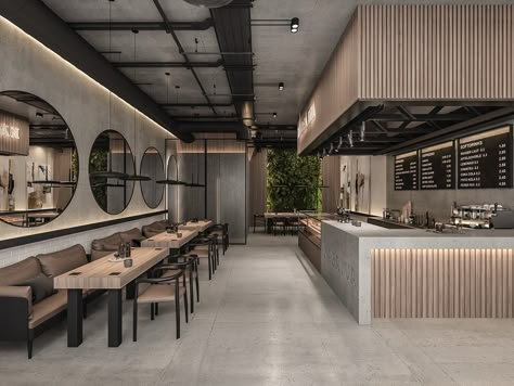 Industrial Coffee Shop Design, Industrial Interior Cafe, Industrial Coffee Shop, Cafe Bar Interior, Cafeteria Design, Modern Coffee Shop, Modern Restaurant Design, Industrial Cafe, Bakery Design Interior