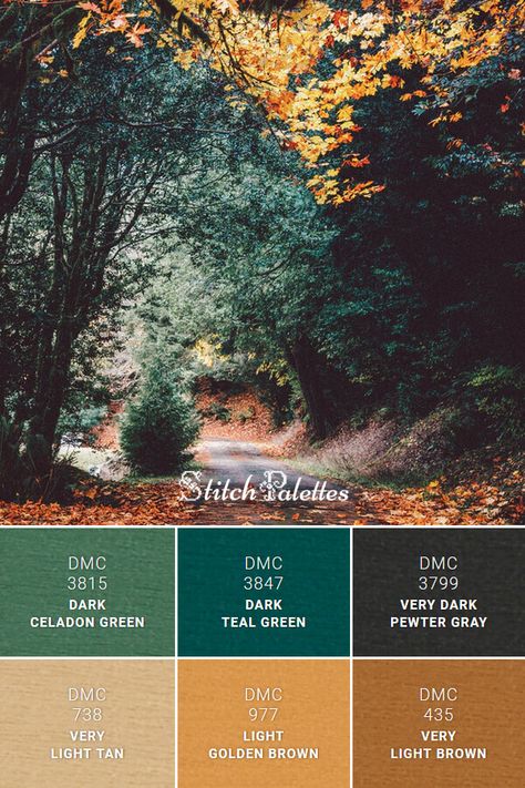 Floss color inspiration for cross stitch and embroidery projects. Thread colors used: DMC 3799: Very Dark Pewter Gray / DMC 3847: Dark Teal Green / DMC 3815: Dark Celadon Green / DMC 435: Very Light Brown / DMC 977: Light Golden Brown / DMC 738: Very Light Tan. Palette ID: SPA0279 Dark Green And Tan Color Palette, Gold And Brown Colour Palette, Teal Yellow Brown Color Palette, Green And Brass Color Palette, Forest Green And Teal Color Palettes, Teal Green Gold Color Palette, Teal Green Brown Color Palette, Green Gold Gray Color Palette, Green And Gold Palette Colour Schemes