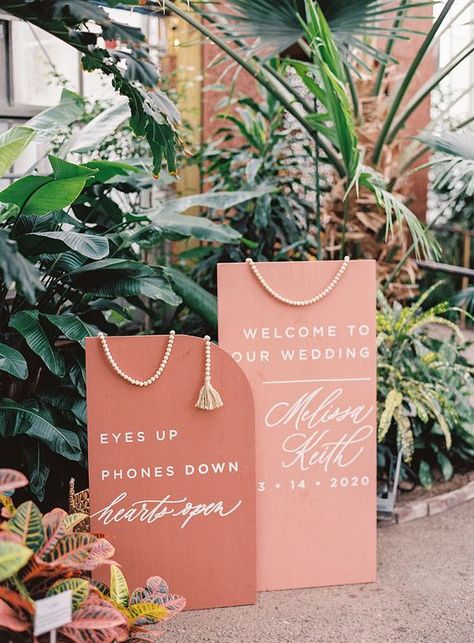 A boho-chic spring terra-cotta and peach wedding | 100 Layer Cake | Bloglovin’ Boho Chic Event Decor, Wedding Signage Boho, Chic Wedding Signage, Boho Welcome Table, Boho Chic Bridal Shower Ideas, Boho Welcome Sign Wedding, Peach Boho Wedding, Welcome Signage Wedding, Peach Wedding Decor