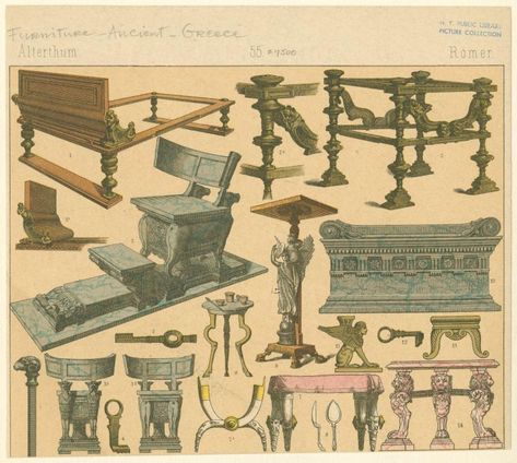 Roman furniture and keys - NYPL Digital Collections Roman Furniture, Ancient Roman Houses, Roman House, Interior Design History, Digital Gallery, Greek Temple, Rome City, Rome Antique, Roman Style