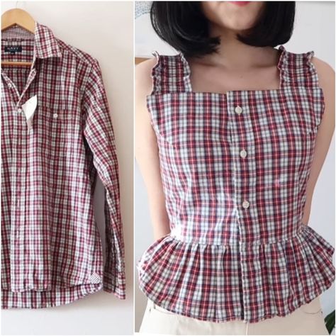 Turning Mens Shirts Into Womens Shirt, Upcycling Ideas Clothes Inspiration, Button Shirt Upcycle, Sustainable Fashion Outfits, Old Shirt Reuse Ideas, Old Clothes Upcycling, Diy Button Up Shirt Upcycle, Diy Outfits From Old Clothes, Redesign Clothes Diy