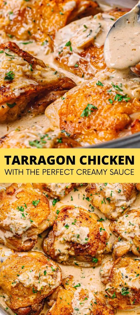 It's absolutely the best recipe for tarragon chicken! Crispy and juicy pan-fried chicken in a rich and creamy tarragon sauce. #tarragonchicken #creamychicken #chickenincreamysauce #tarragonsauce #chickenthighs #chickenrecipes Chicken Recipes French, Tarragon Sauce Recipes, Tarragon Chicken Recipe, Pan Fried Chicken Thighs, Chicken Tarragon, Tarragon Recipes, Tarragon Sauce, Chicken Recipes Healthy, Recipes French