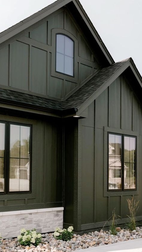 Dark English Cottage Exterior, Exterior House Colors Dark Green, Dark Olive Green Exterior Paint, Alabaster And Black Exterior, Dark Grey Green House Exterior, Green Exterior With Black Trim, Dark Green House Exterior With Wood, Green House Green Trim, Sherwin Williams Jasper Exterior