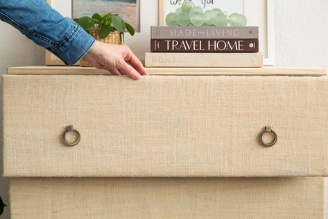 This IKEA hack might just be a favorite transformation! Turn an IKEA Tarva pine dresser into a high end look using fabric, adhesive, and new brass hardware. Ikea Grasscloth Hack, Grass Cloth Dresser Diy, Burlap Drawer Fronts, Ikea Instructions, White Wood Stain, Tarva Dresser, Ikea Tarva, Ikea Tarva Dresser, White Wash Stain