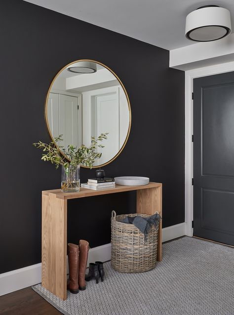 One Room Challenge Reveal – Fall 2019: Refreshed Living/Dining/Entry Dark Entryway Ideas, Black Entryway, Dark Accent Walls, Large Sectional, Entry Wall, Front Rooms, Entry Way Design, County House, One Room Challenge