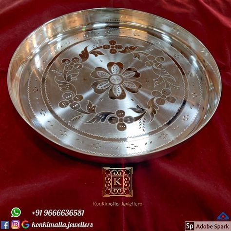 #KJ_S12 Net Weight: 500gms Item: Silver Plate Fb, Insta, Pinterest: @konkimalla.jewellers Silver Plates For Eating Indian, Silver Plates For Pooja, Silver Plate For Pooja, Pooja Unit, Silver Home Accessories, Silver Anklets Designs, Silver Articles, Silver Plates, Gold Earrings For Men