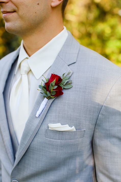 Red Boutineer, Red Rose Boutonniere, Red Rose Bridal Bouquet, Red Boutonniere, Green Boutonniere, White Corsage, Wedding Venues In Florida, Intimate Outdoor Wedding, Button Holes Wedding