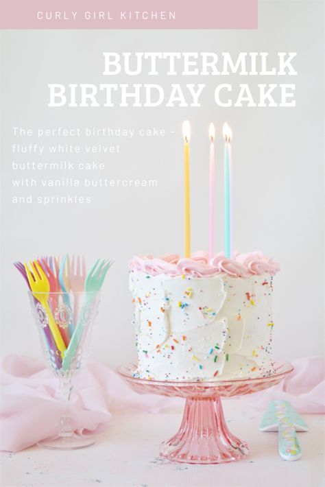 A recipe for light and fluffy white velvet buttermilk cake. Makes the perfect birthday cake that everyone loves! High altitude tested. White Sprinkle Cake, White Cake With Sprinkles, Sprinkle Cake Ideas, Two Sweet Birthday Cake, Home Birthday Party Ideas, Sprinkle Birthday Party, Birthday Cake With Sprinkles, All White Cake, Two Sweet Cake