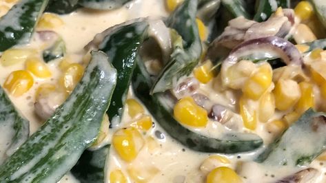 Rajas Con Crema, Elote Y, Queso (Creamy Poblano Peppers and Sweet Corn) Recipe | Allrecipes Poblano Corn, Sweet Corn Recipes, Taco Filling, Corn Side Dish, Roasted Poblano Peppers, Roasted Poblano, Mexican Side Dishes, Poblano Peppers, Manchego Cheese