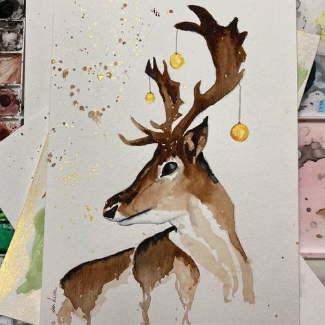 Homemade Cards Christmas, Crismas Cards Ideas, Christmas Watercolours, Christmas Cards Diy, Painted Christmas Cards, Crafts Homemade, Watercolour Christmas, Deer Painting, Christmas Artwork