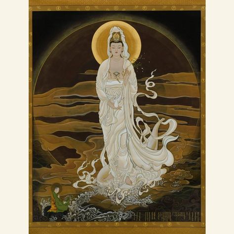 CONTEMPORARY: White-Robed Water-Moon Avalokiteshvara, Hanging scroll, Artist: Seol Min, 2008. Ink and colors on cotton . The painting depicts a bejeweled, white-robed Avalokiteshvara holding a vase and willow branches, and standing on a lotus petal atop a sea of waves. Avalokiteshvara, the bodhisattva of compassion, is one of the most popular deities in East Asia, and over time has assumed many forms. Guanyin Art, Asian Gods, Water Moon, Lotus Petal, Chinese Drawings, Buddha Art Drawing, Goddess Of Mercy, White Temple, Quan Yin