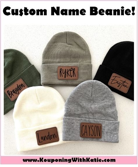 Grab these super cute $30 Personalized Kids Name Beanies, on sale right now for just $19.99 delivered from Jane! That's a great price, and you can choose your custom font and name for one of a kind pieces! These would make a great gift idea for the holidays as well; get yours here in several beautiful colors: PRODUCT DESCRIPTION Personalized beanies for Infants, Toddler & Kids Infant size: approx. Leather Patch Beanie, Leather Patch Hat Ideas, Diy Leather Labels, Personalized Beanies, Custom Beanies, Glowforge Ideas, Patch Beanie, Leather Patch Hat, Patch Hats