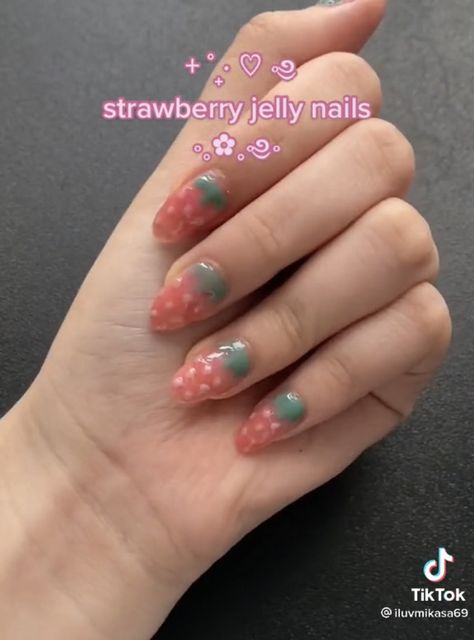 Strawberry Jelly Nails, Kawaii Short Nails, Kawaii Nails Short, Cutecore Nails, Strawberry Nails, Strawberry Jelly, Really Cute Nails, Soft Nails, Jelly Nails