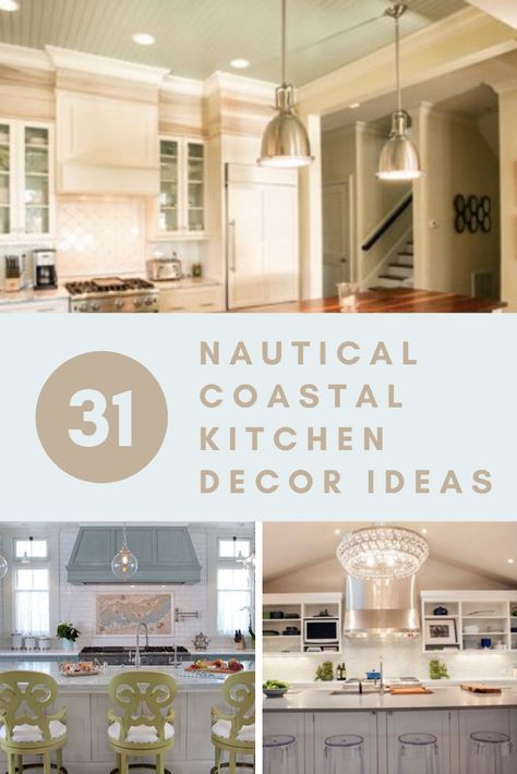 31 Nautical Coastal Kitchen Decor Ideas | Sebring Design Build Beach Theme Kitchen Ideas, Beach Themed Kitchen Decor, Small Coastal Kitchen, Workout Room Flooring, Above Cabinet Decor, Nautical Kitchen Decor, Beachy Kitchens, Coastal Kitchen Ideas, Beach Theme Kitchen