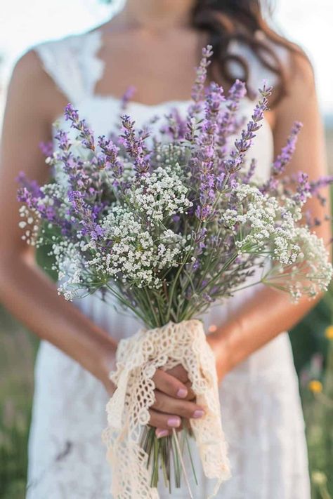 Sage And Lavender Bouquet, Lavender And Baby Breath Bouquet, Wedding Flowers With Lavender, Lavender Wedding Florals, Lavender Flower Arrangements, Lilac Bouquet Wedding, Green And Lavender Wedding, Lilac And Lavender Wedding, Lavender Bridesmaid Bouquet