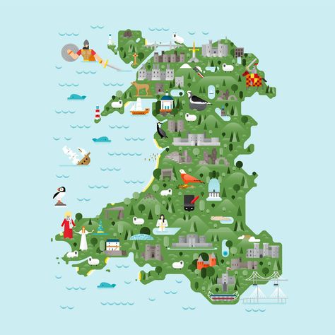 Map of Wales on Behance Map Of Wales, Map Art Illustration, Wales Map, Map Illustration, North Wales, Illustrated Map, British Isles, Travel Information, Map Art