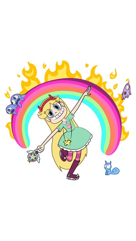 The incredible Star Butterfly used a magic wand to create a fire rainbow that glows with a lot of colors. Only, probably, the animals don't like this fire rainbow, so let's save them with our Disney... Star Butterfly Wallpaper, Painting Cups, Disney Rainbow, Evil Tattoo, Eclipse Of The Heart, Painted Rainbow, Fire Rainbow, Disney Sticker, Princess Cartoon