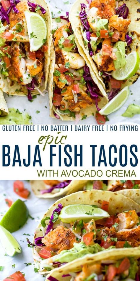 Fish Tacos With Cabbage, Blackening Spice, Lime Slaw, Baja Fish Tacos, Cilantro Lime Slaw, Healthy Dinner Recipe, Avocado Crema, Summer Recipes Dinner, Dandelion Recipes