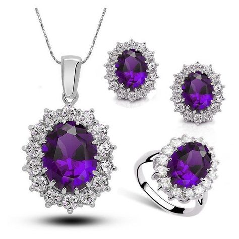 Crystal Jewelry Bridal Necklace Earrings Ring Jewelry Set https://whitesfashionandstyleboutique.com/products/crystal-jewelry-bridal-necklace-earrings-ring-jewelry-set White's Fashion And Style Boutique #Hot Blue Crystals Stones, Purple Ring, Crystal Stone Jewelry, Purple Rings, Stone Wedding, Crystal Jewelry Sets, Women's Jewelry Sets, Fashion Jewelry Sets, African Jewelry