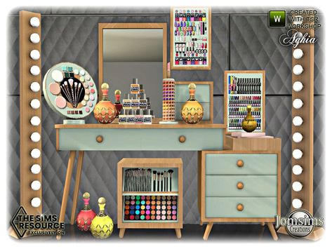 jomsims' Aghia Beauty set Sims 4 Dressing Table, Sims 4 Makeup Clutter, Sims 4 Cc Vanity, Sims 4 Vanity Cc, Sims 4 Cc Furniture Clutter, Sims 4 Makeup, Sims 4 Nails, Cluttered Bedroom, Sims Furniture