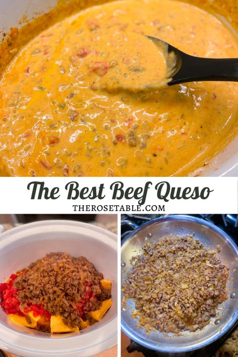 Beefy Cheesy Nachos, Beefy Queso Dip Crock Pot, Beef Nachos With Queso, Chips And Queso Recipe, Beef Queso Recipe, Crockpot Nacho Cheese Dip, Crockpot Nacho Cheese, Beefy Queso, Beefy Nachos